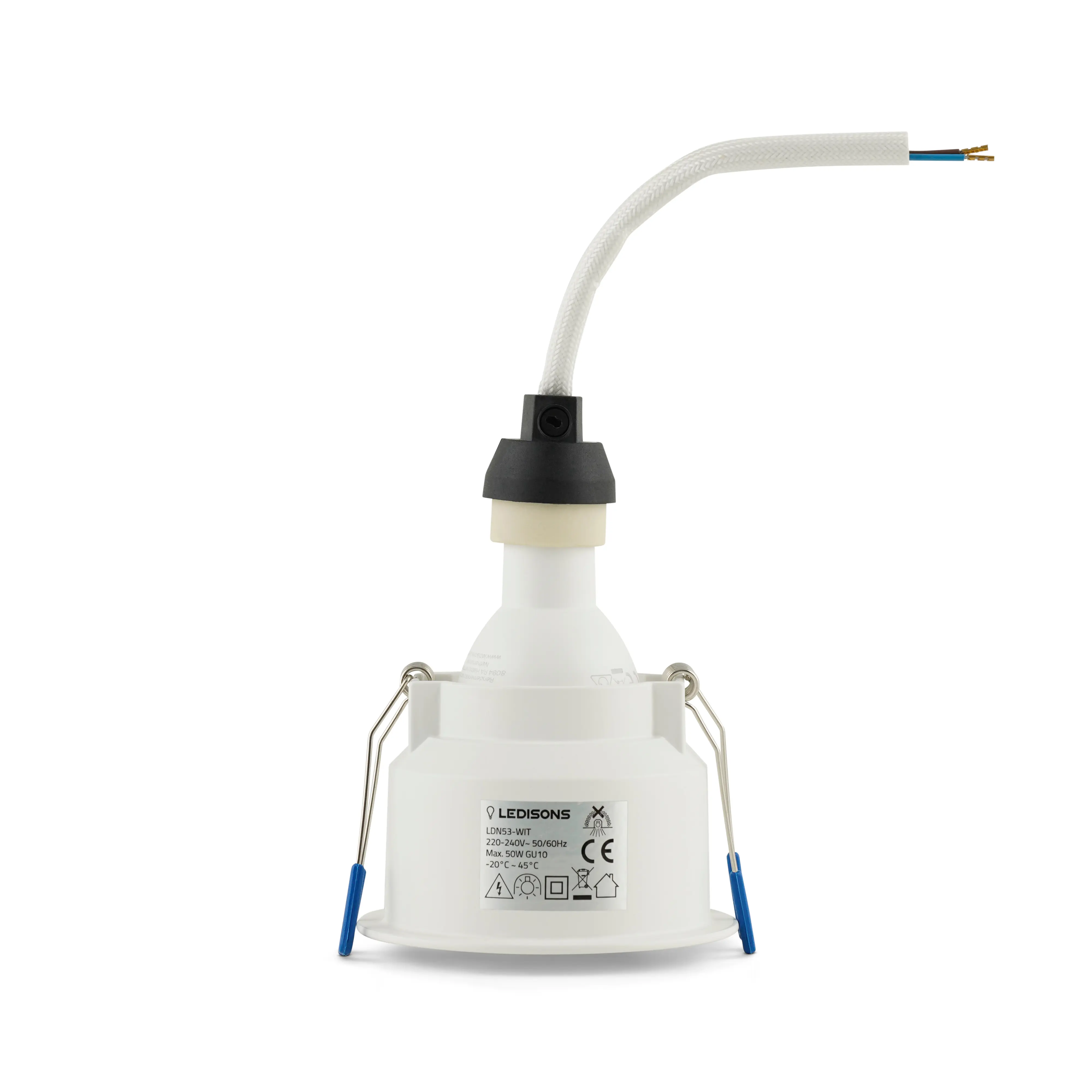 Witte GU10 inbouwspot met fitting en aansluitsnoer voor snelle montage en een nette afwerking in het plafond.