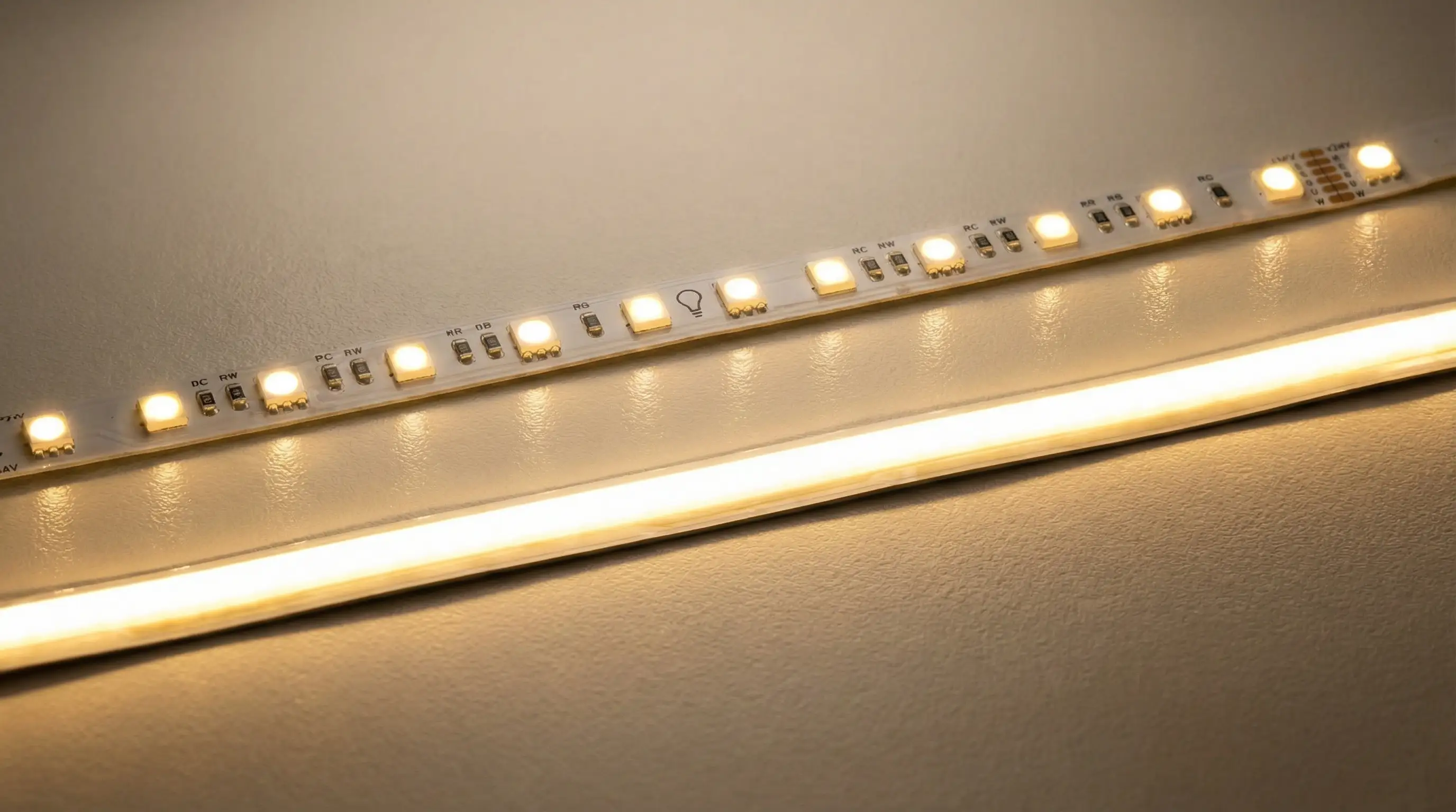 Vergelijking tussen COB en SMD LED-strip waarbij het verschil in lichtbeeld goed zichtbaar is tijdens gebruik