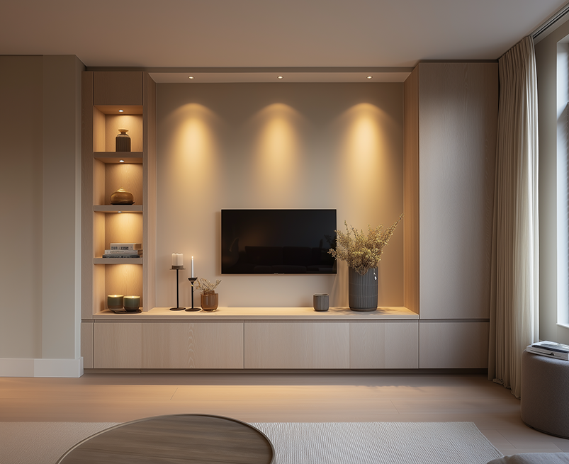 Mini LED-inbouwspots in kastvakken en plafondkoof voor warme accentverlichting in woonkamer