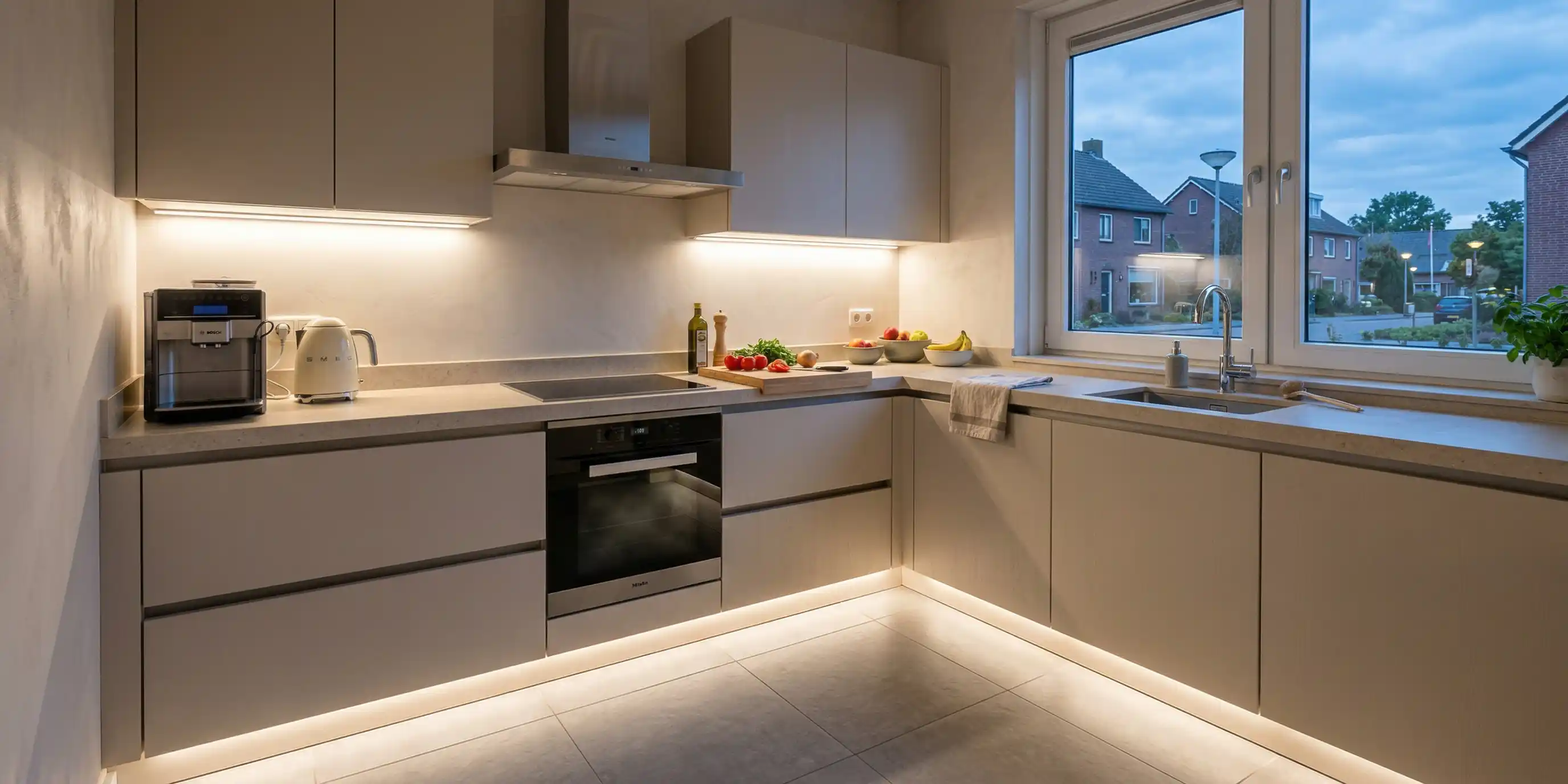 Moderne keuken met warm witte LED-strips onder keukenkastjes en langs de plint voor sfeervolle verlichting
