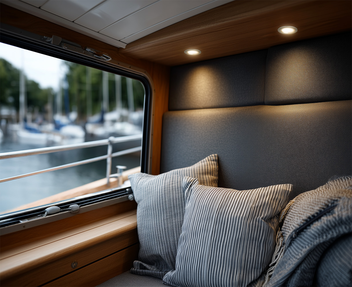 Mini LED-inbouwspots in het plafond van een bootcabine voor warme en sfeervolle verlichting