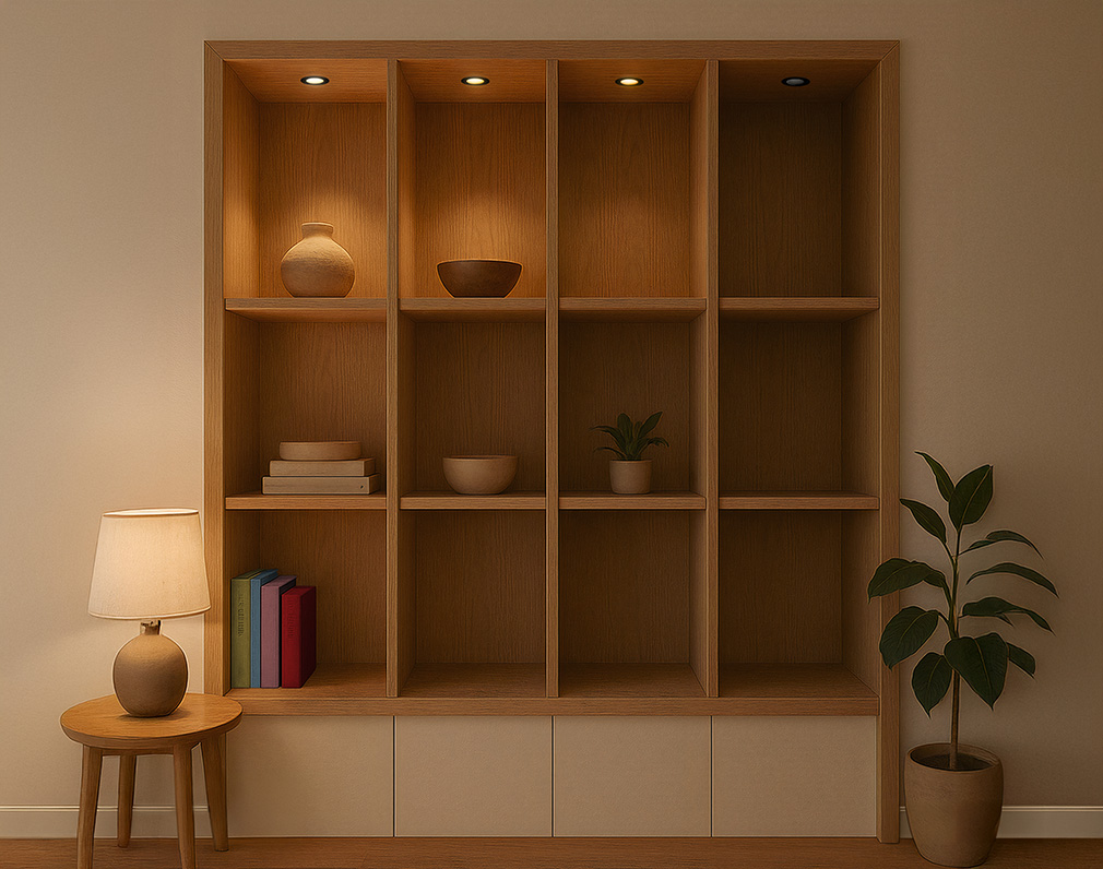 Modena-D-Cupboard.jpg, boekenplank, open kast, houten meubels, plantenhouder, lamp en plant