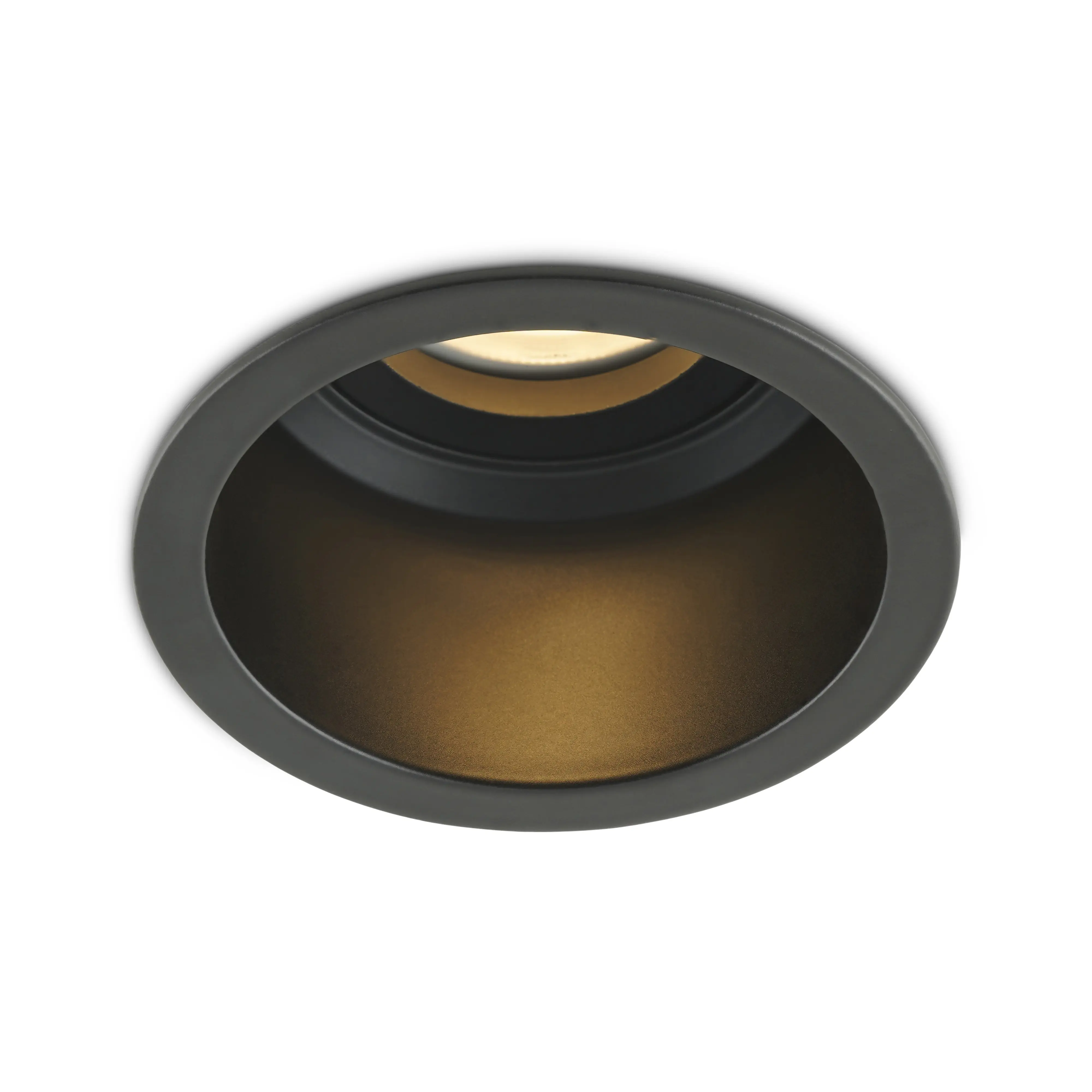 Ronde zwarte plafondspot met diep ingezonken GU10 fitting en luxe afwerking voor een strakke uitstraling.