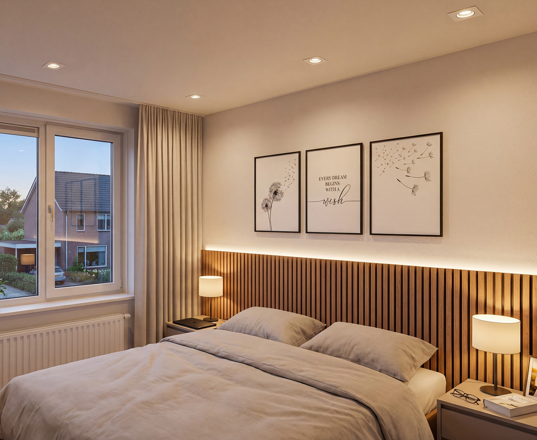 Slaapkamer met vierkante LED-inbouwspots in het plafond voor rustige en gelijkmatige verlichting