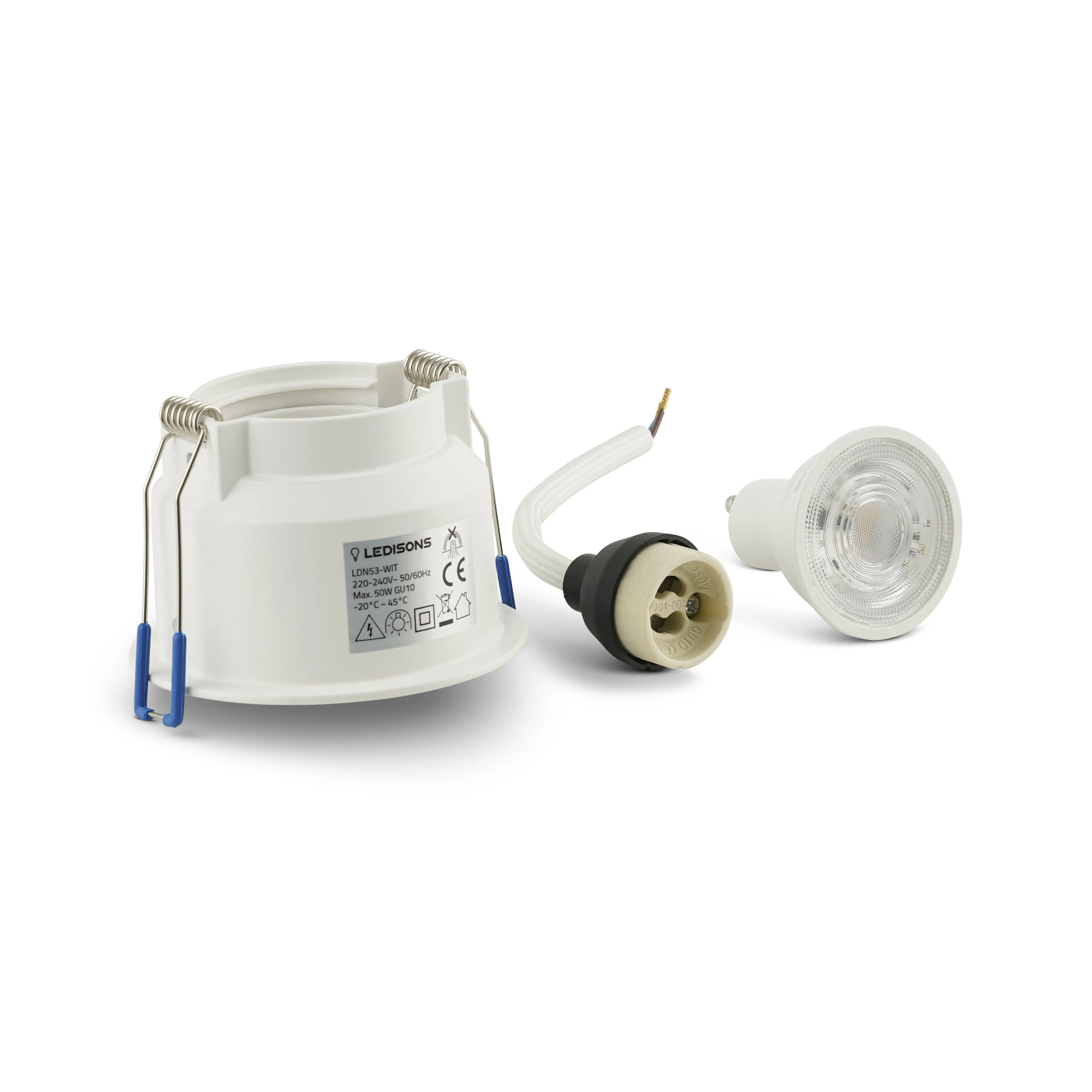 Complete witte set met diep ingezonken spot, GU10 lamp en fitting voor een strakke en luxe plafondafwerking.