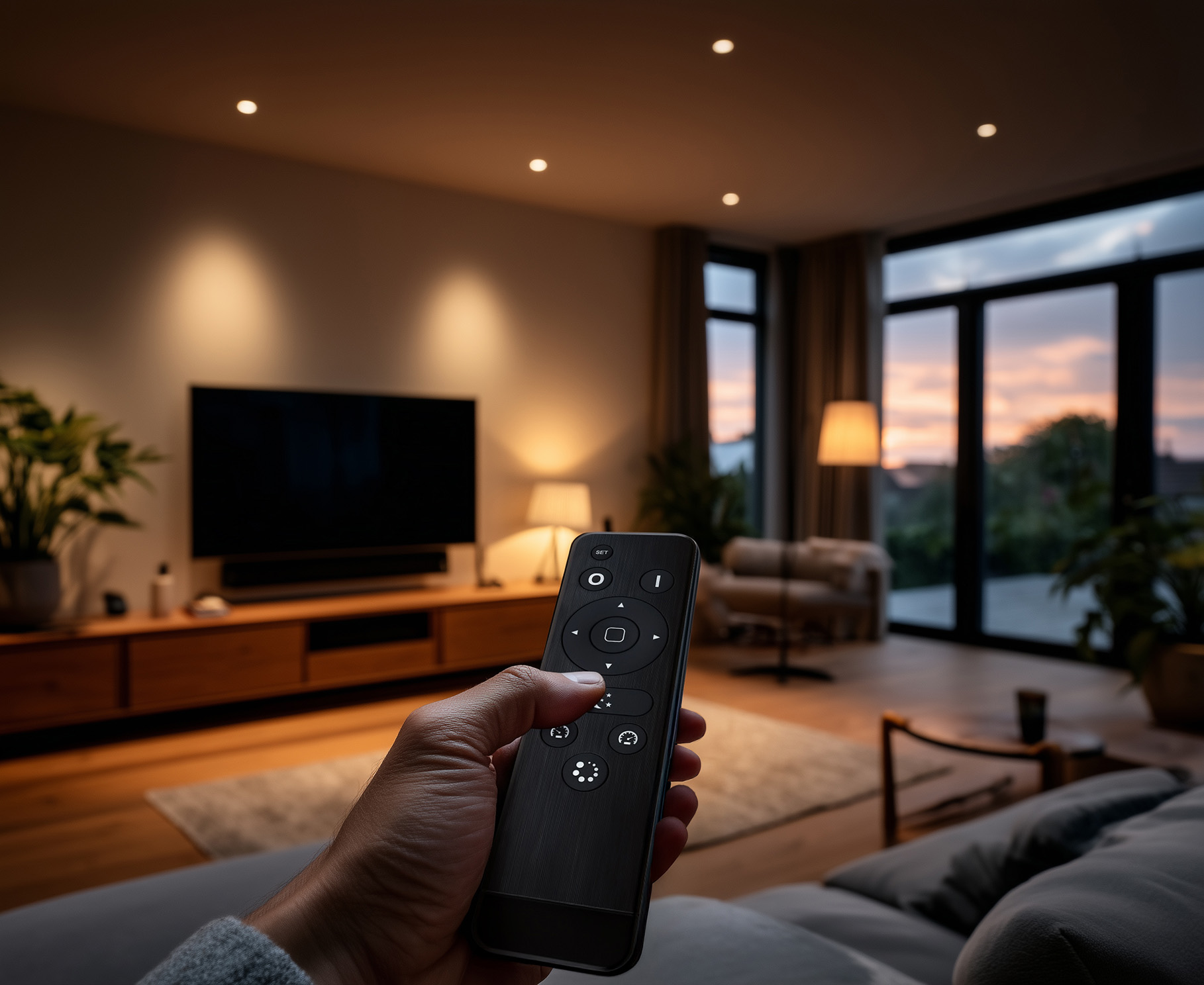 LED-inbouwspots in woonkamer bedienen met afstandsbediening voor eenvoudig aanpassen van verlichting