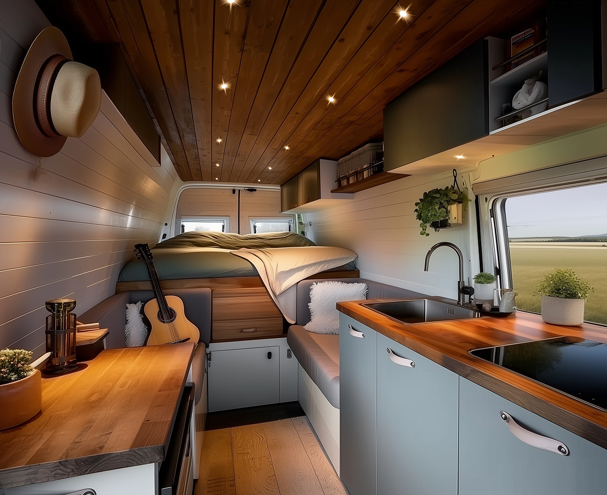 Mini LED-inbouwspots in houten plafond van camper voor warme en sfeervolle verlichting