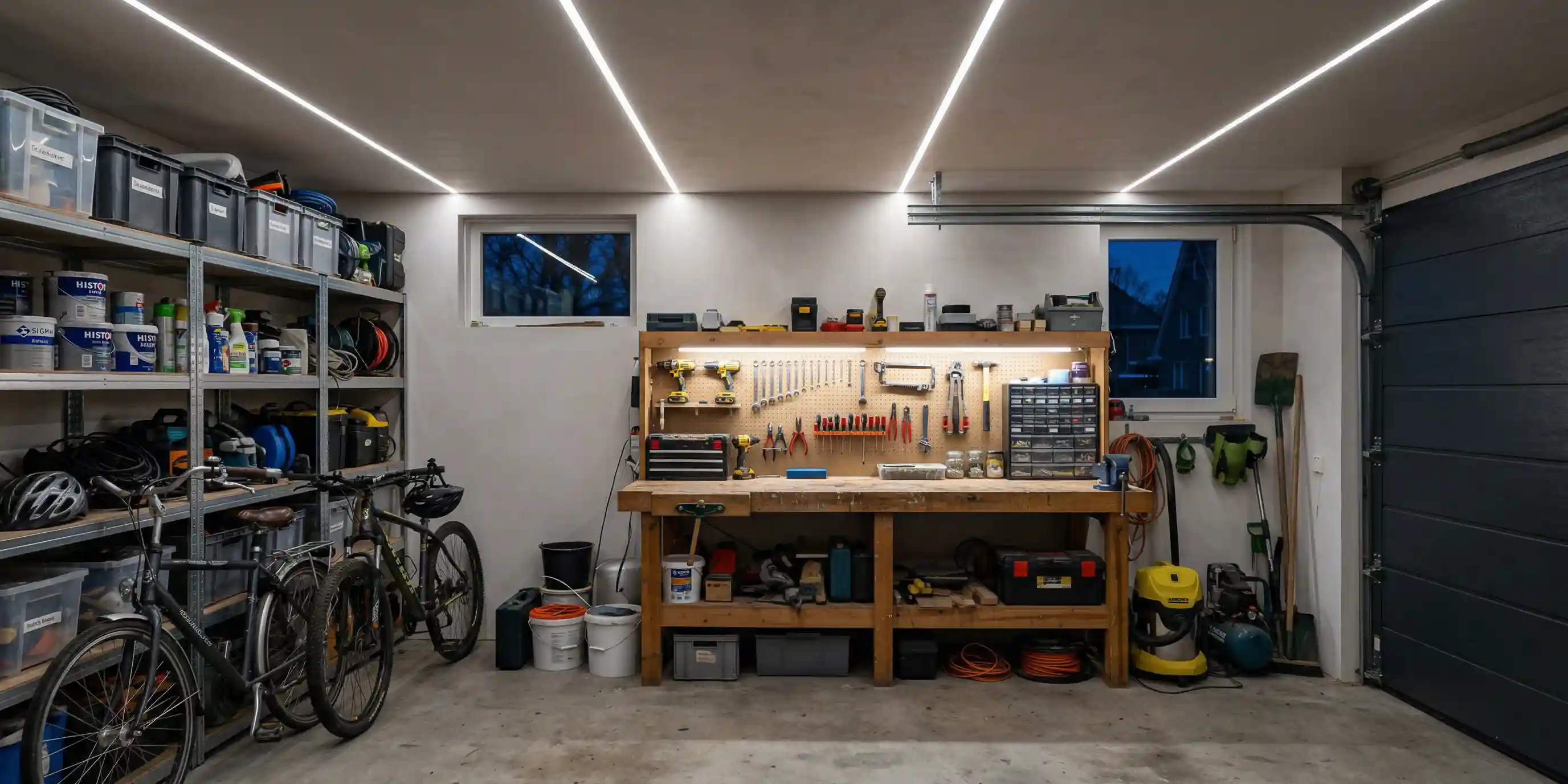 Garage werkplaats met koud witte LED-strips in het plafond voor heldere verlichting boven werkbank en opslag