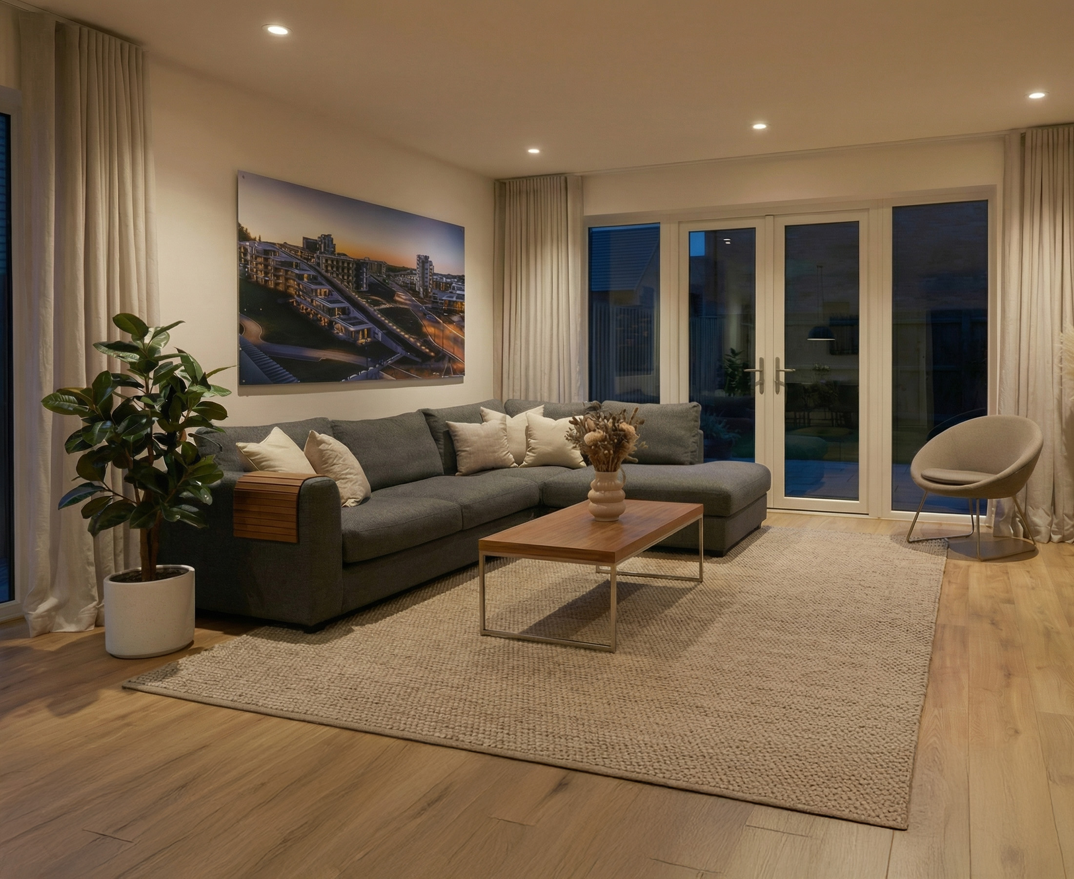 Moderne inbouwspots zorgen voor rustige en gelijkmatige verlichting in de woonkamer met een warme sfeer in de avond