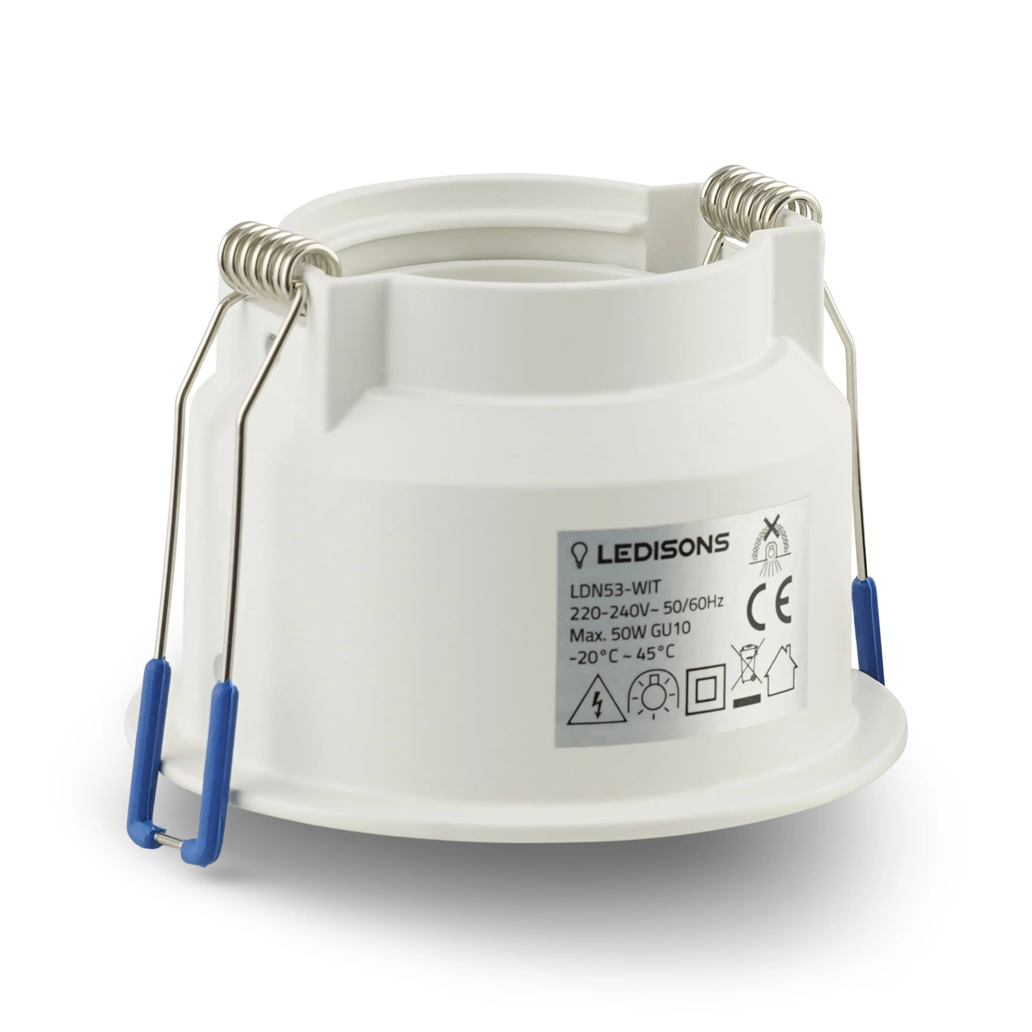 Wit GU10 spotarmatuur met klemveren en diepe behuizing voor stevige montage en een nette plafondafwerking.