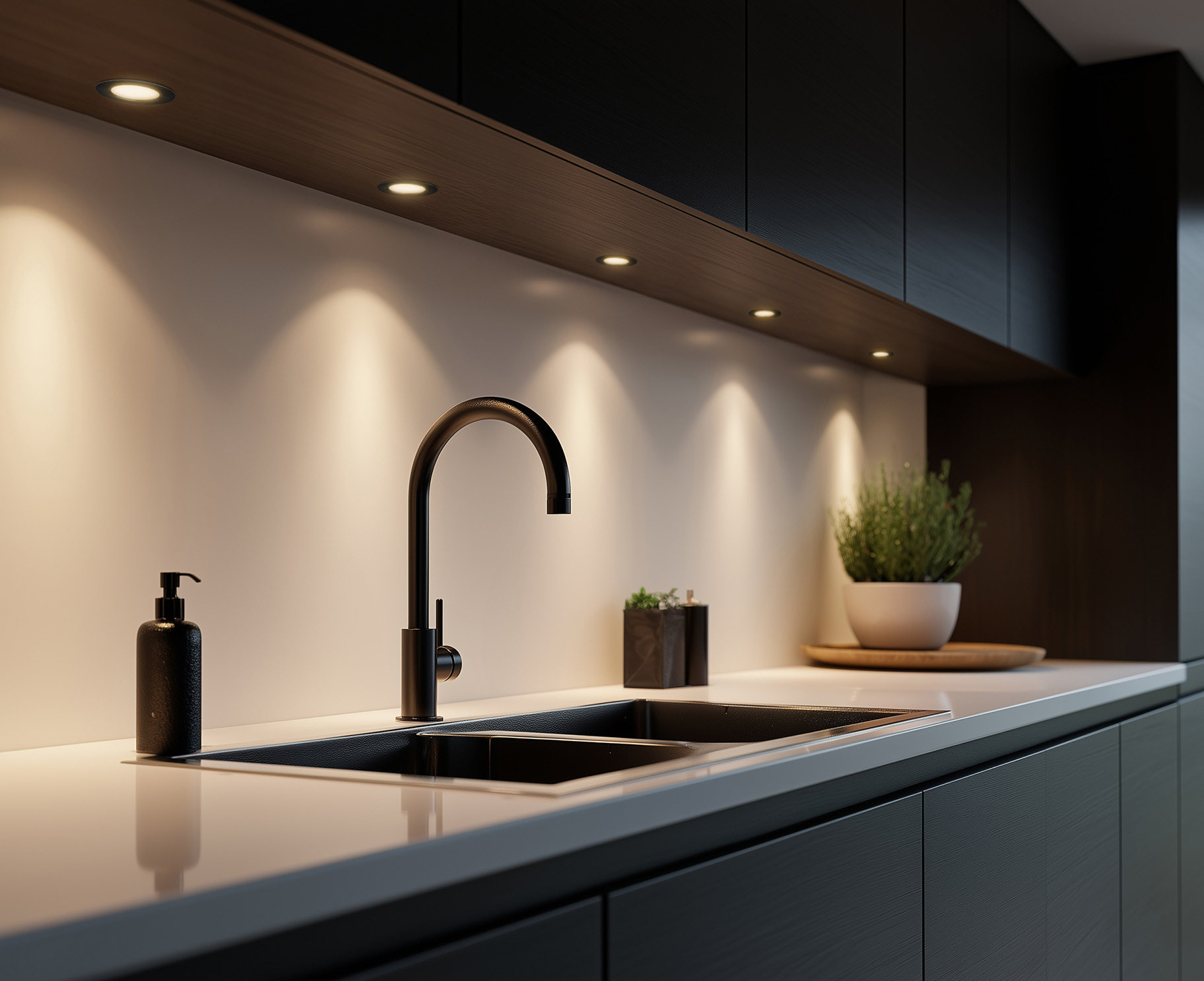 Modena-Kitchen.jpg, keuken, gootsteen, kraan, zwarte afwerking, inbouwkasten