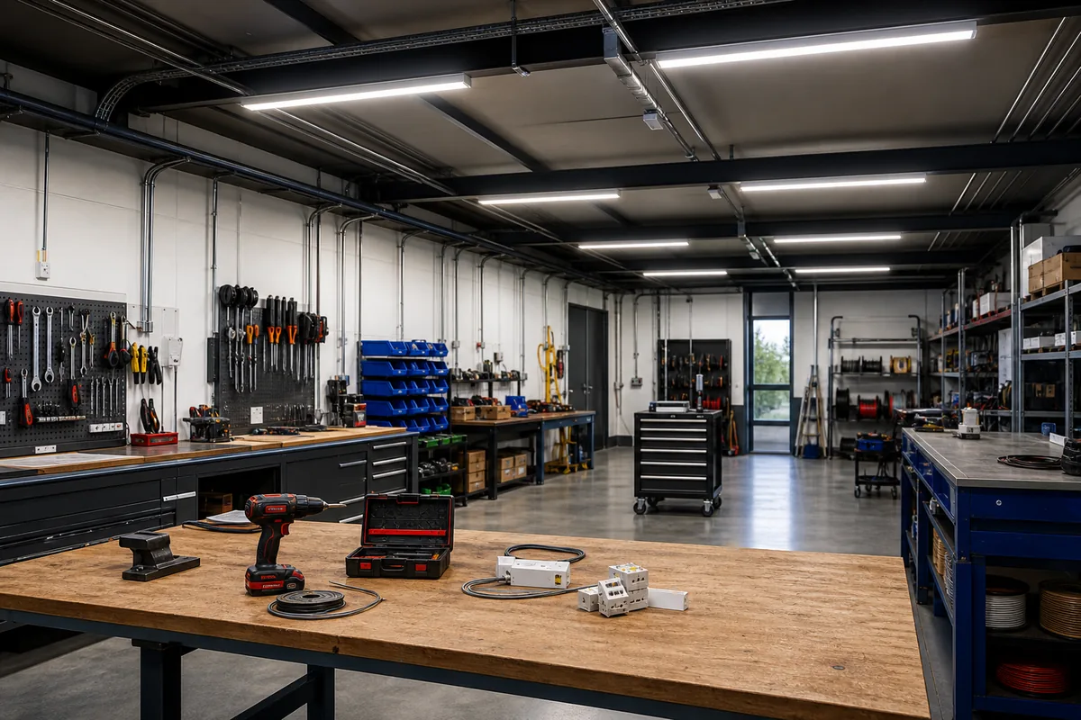 LED-tl verlichting boven werkbank in werkplaats voor dagelijks gebruik