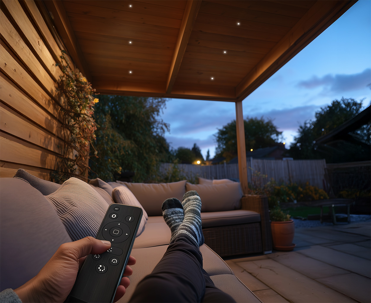 LED-inbouwspots in houten overkapping bedienen met afstandsbediening voor sfeervolle tuinverlichting
